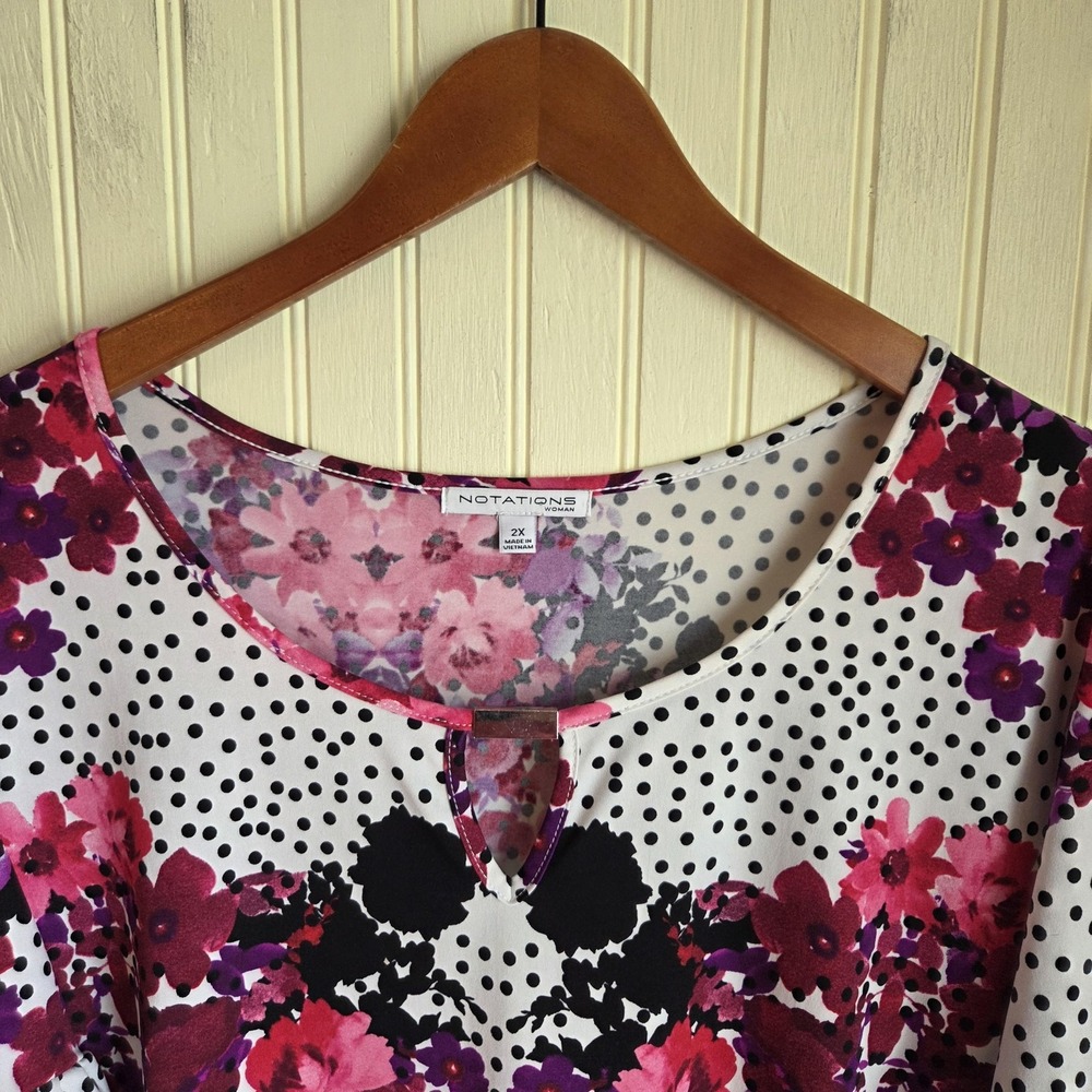 Notations Blouse Womens Plus 2X Multicolor Scoop Neck Flutter Sleeve Floral Top